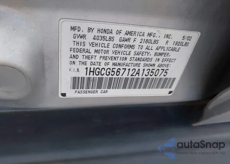 2002 Honda Accord 2.3 Se from USA, damaged, VIN 1HGCG56712A135075